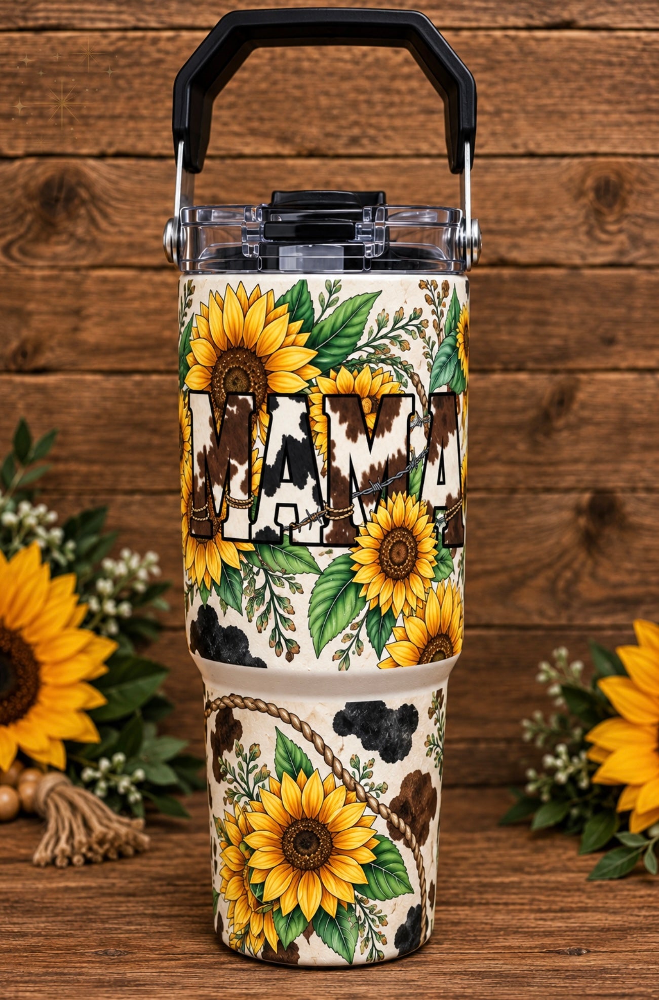 Sunflower Mama Cow Print 30 oz Flip-Top Tumbler