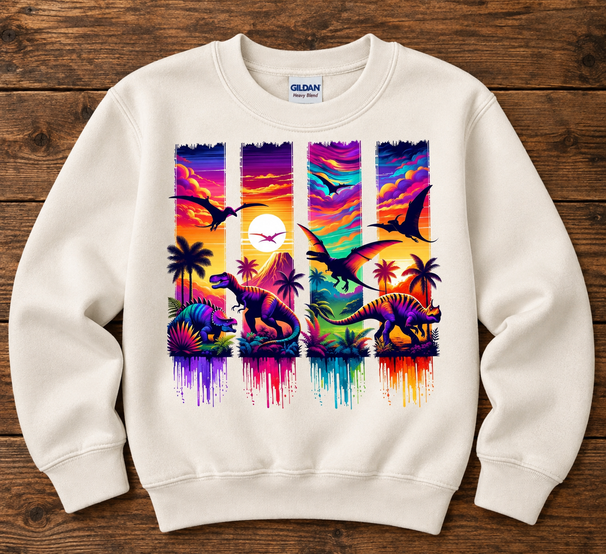 Colorful Dinosaur Kids Sweatshirt – Neon Dino Crewneck