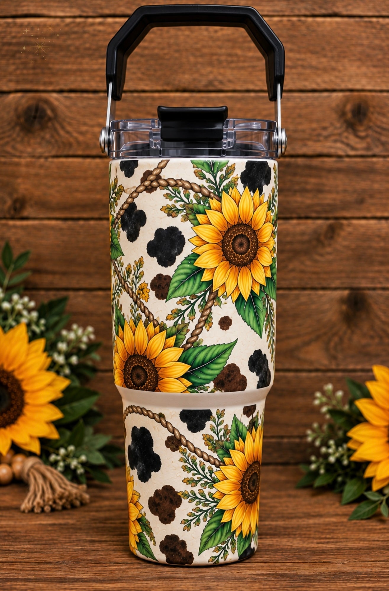 Sunflower Mama Cow Print 30 oz Flip-Top Tumbler