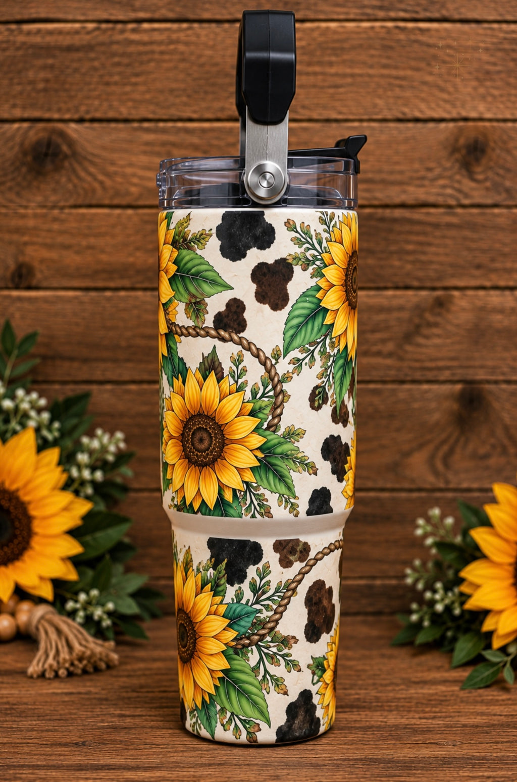 Sunflower Mama Cow Print 30 oz Flip-Top Tumbler
