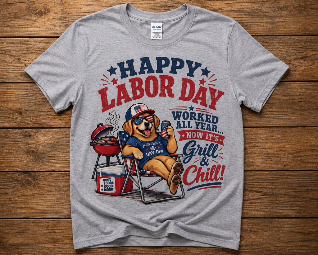 Happy Labor Day Grill & Chill Patriotic Dog Graphic Shirt