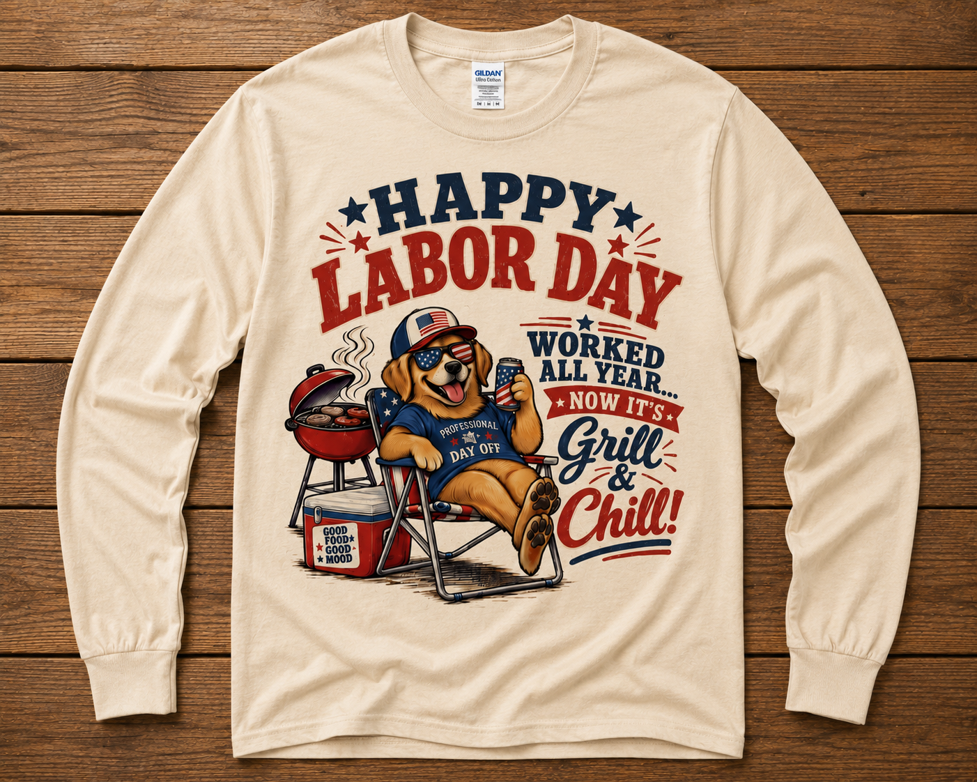 Happy Labor Day Grill & Chill Patriotic Dog Graphic Shirt