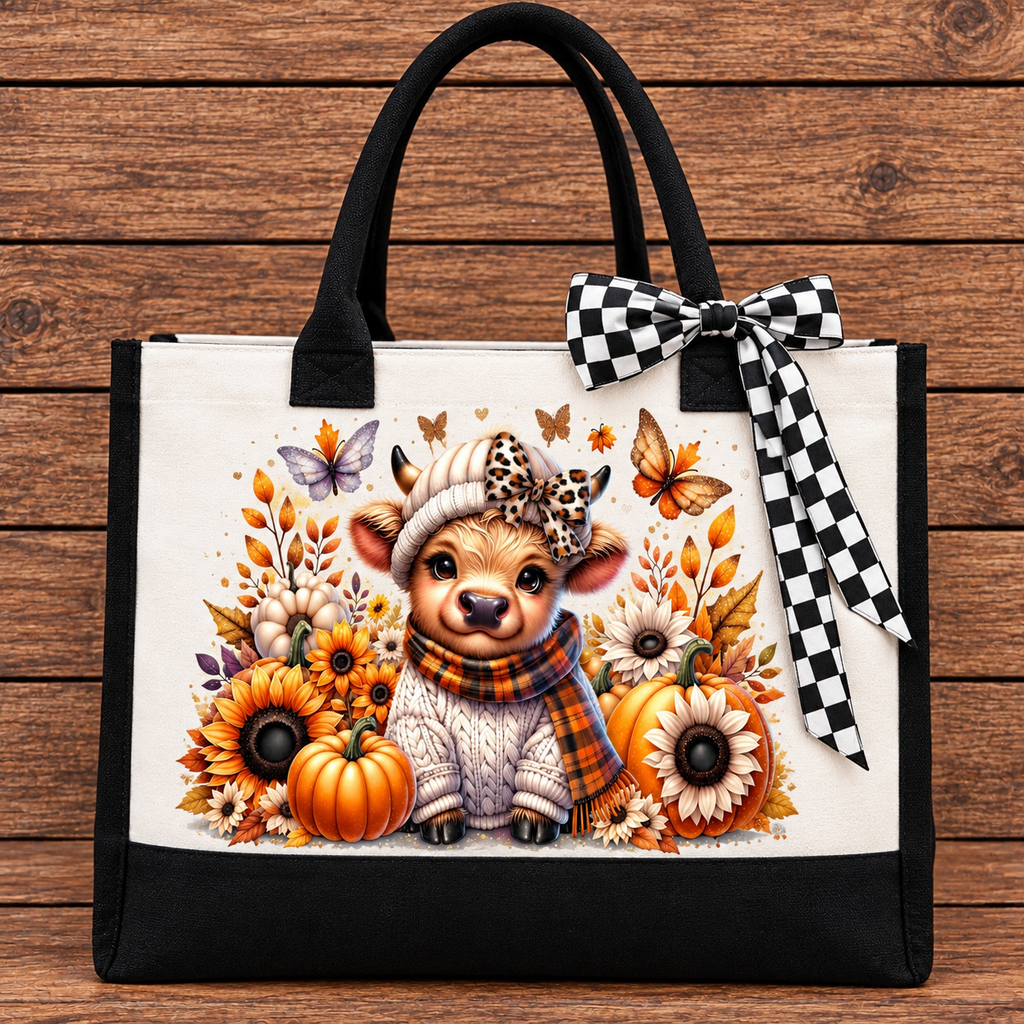 Fall Highland Cow Pumpkin & Sunflower Canvas Bag