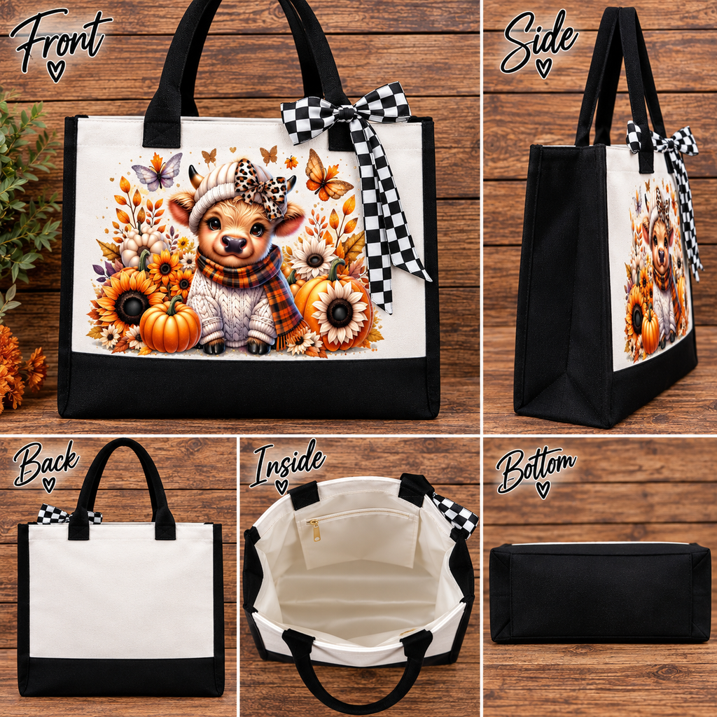 Fall Highland Cow Pumpkin & Sunflower Canvas Bag
