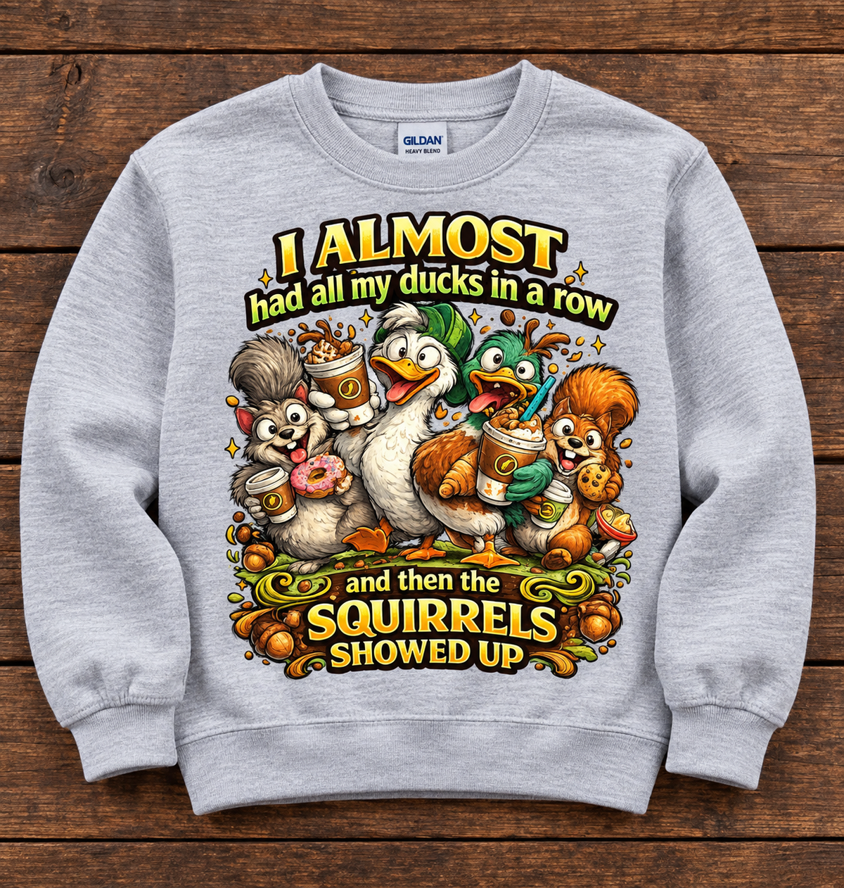 Ducks in a Row Kids Sweatshirt – Funny Squirrel Youth Crewneck