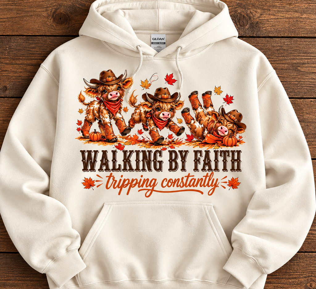 Walking by Faith, Tripping Constantly Highland Cow Fall Hoodie