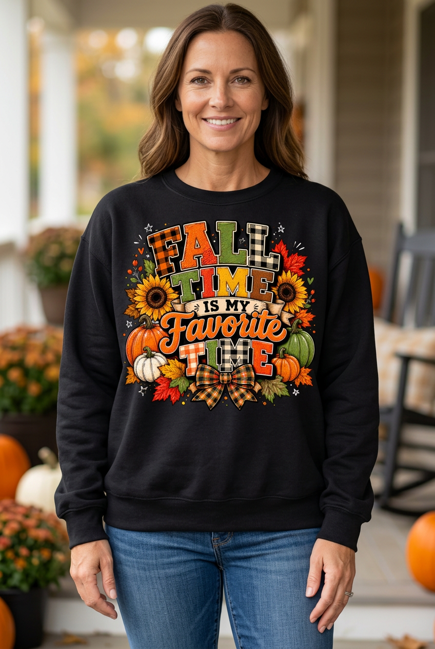 AI model wearing the black Fall Time Is My Favorite Time sweatshirt