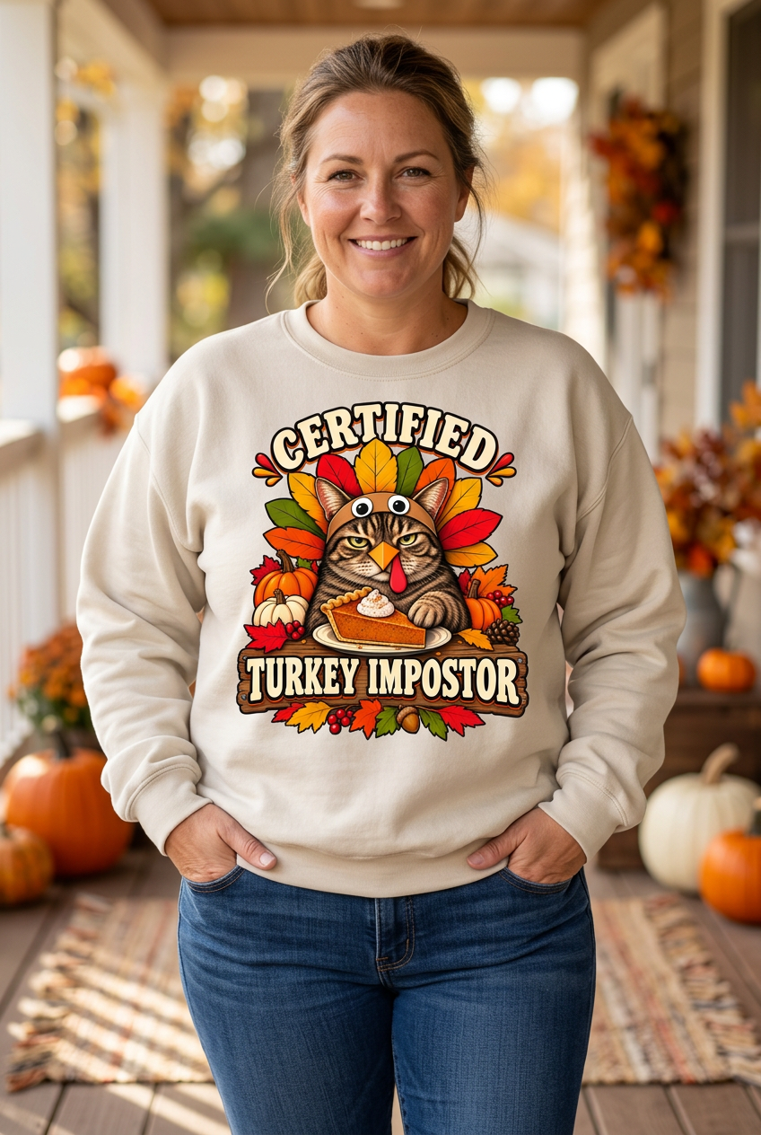 AI model wearing the cream Certified Turkey Impostor sweatshirt