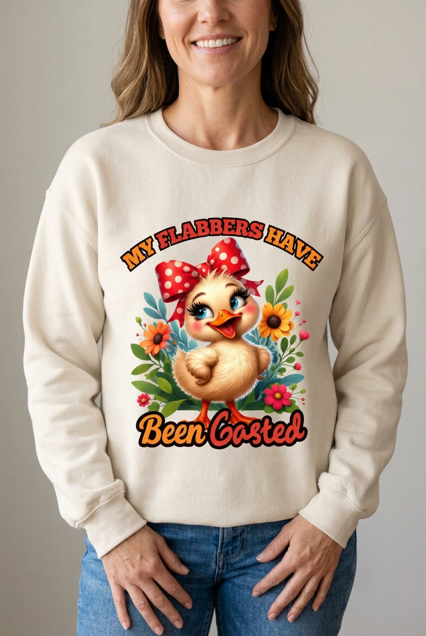 AI model wearing the cream duck graphic sweatshirt
