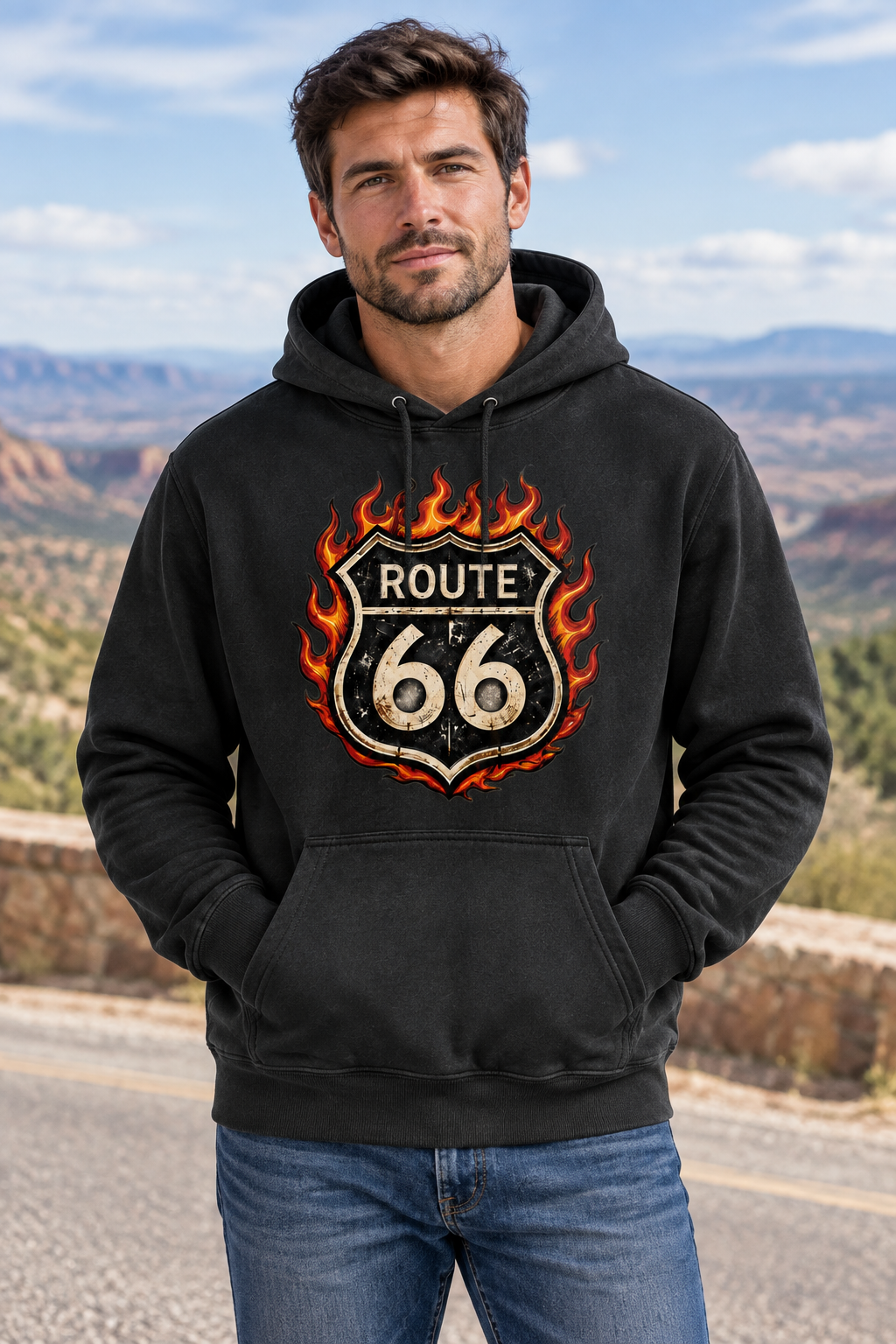 AI-generated model mockup of a man wearing the black Route 66 Vintage American Road Trip Hoodie, showing its flaming highway shield front graphic.