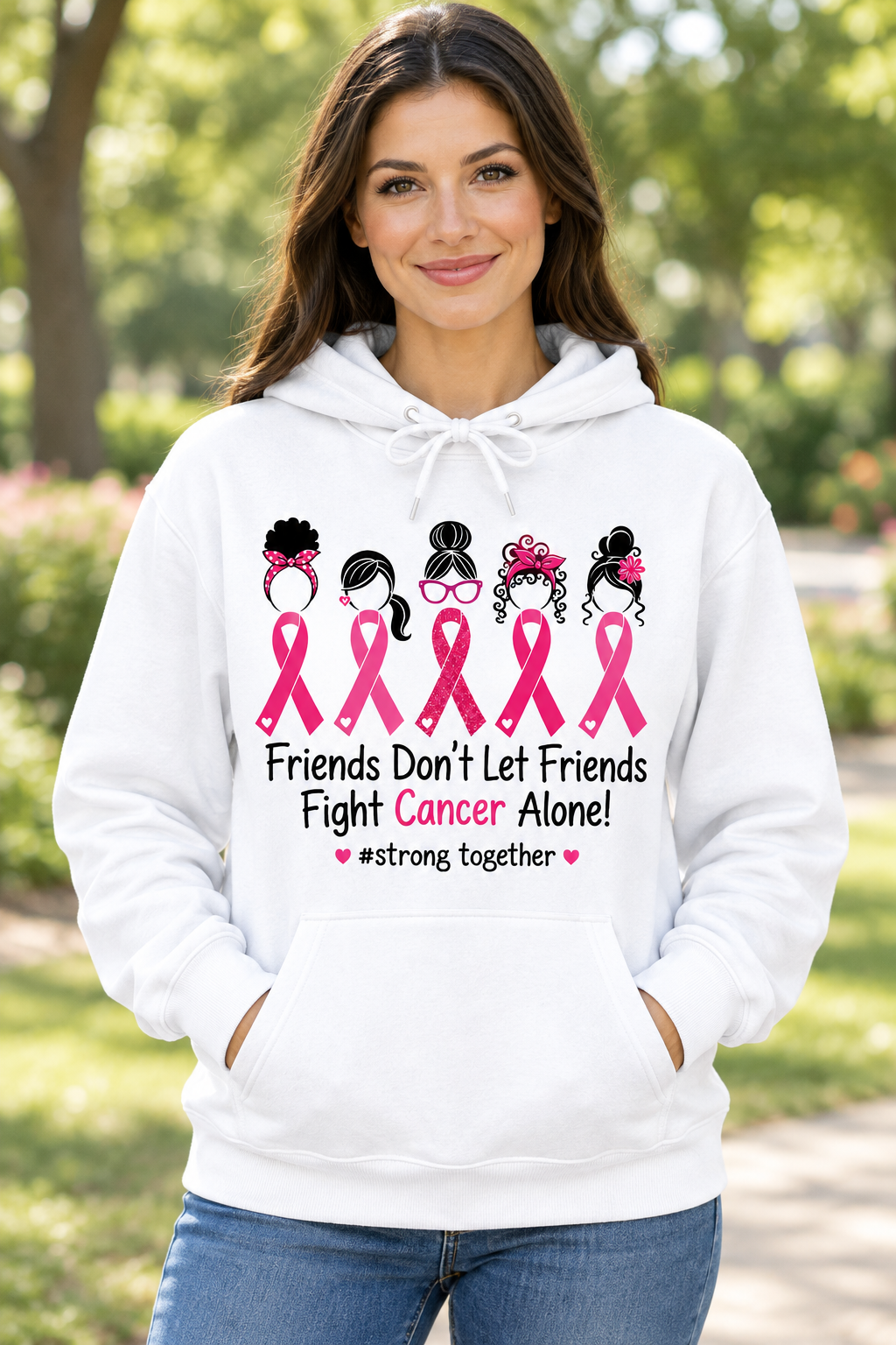 AI-generated model mockup of a woman wearing the white Friends Don't Let Friends Fight Cancer Alone hoodie with five pink awareness ribbons.