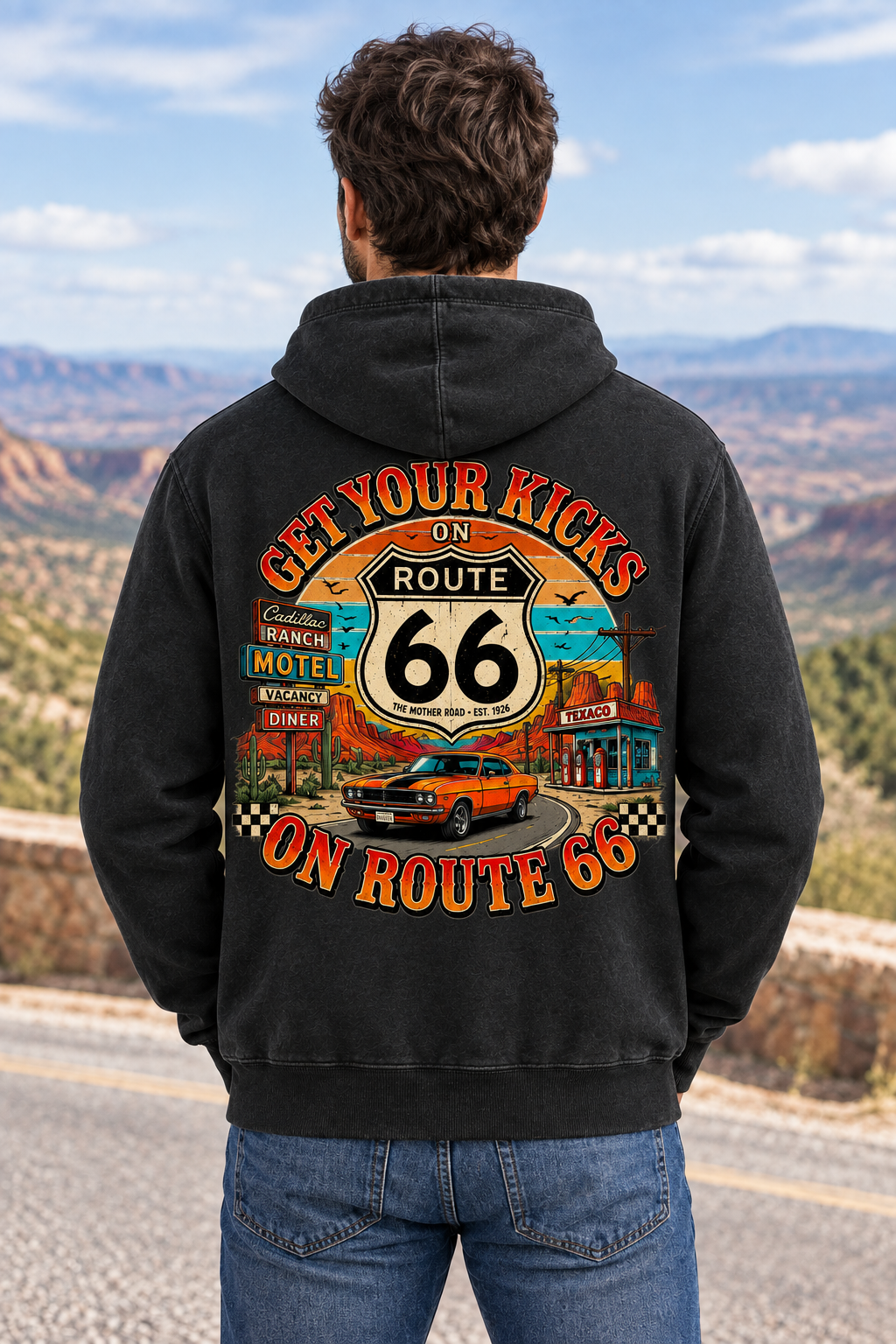 AI-generated back-view model mockup of the black Route 66 Vintage American Road Trip Hoodie showing the Get Your Kicks on Route 66 graphic with a classic car and roadside scenery.
