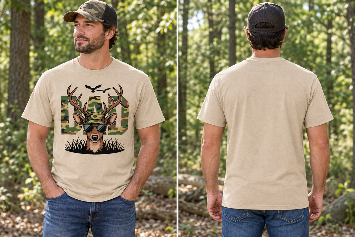 AI-generated model mockup showing a beige short-sleeve Camo DAD Hunting Deer T-shirt with its printed front and plain back.