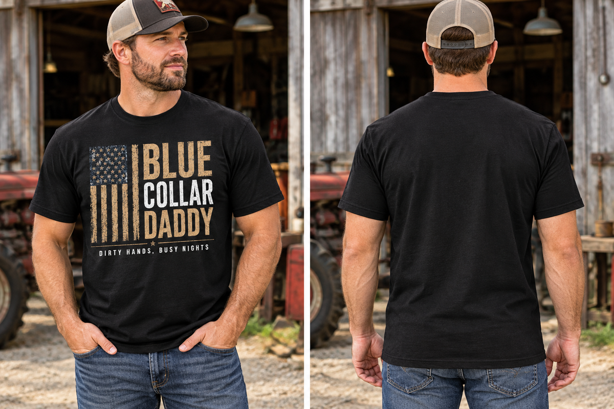 AI-generated model mockup showing a black Blue Collar Daddy T-shirt with its printed front and plain back.