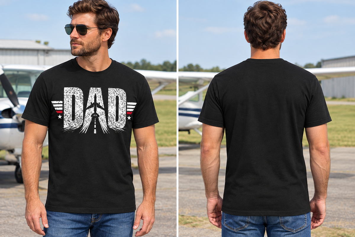 AI-generated model mockup showing a black short-sleeve Aviation Dad T-shirt with its printed front and plain back.