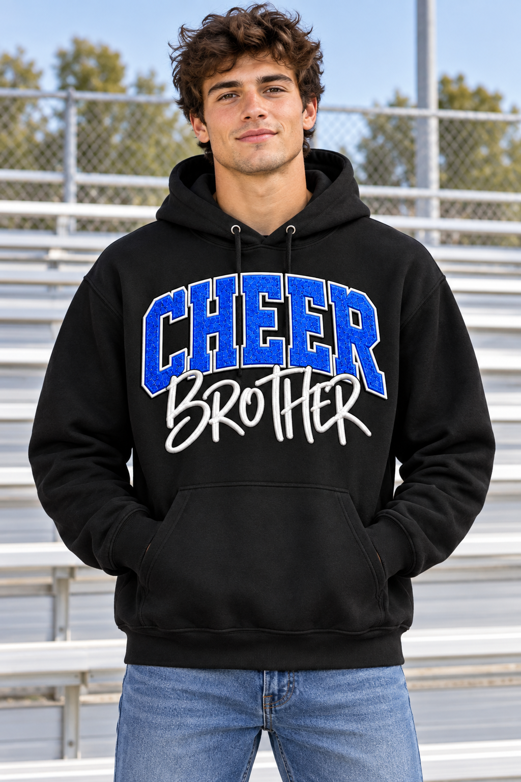 AI-generated model mockup of a young adult man wearing a black Cheer Brother hoodie with blue CHEER lettering and white BROTHER script.