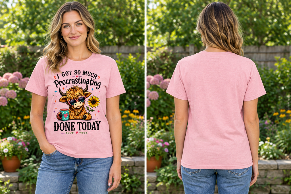 AI-generated model mockup showing a pink Procrastinating Highland Cow T-shirt with its printed front and plain back.