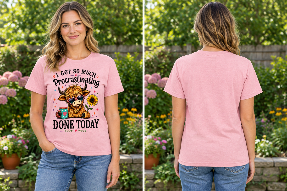 AI-generated model mockup showing a pink Procrastinating Highland Cow T-shirt with its printed front and plain back.