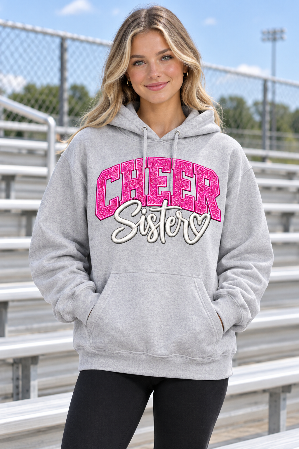 AI-generated model mockup of a young adult woman wearing a gray Cheer Sister Glitter Hoodie with pink CHEER lettering, white Sister script, and a heart detail.