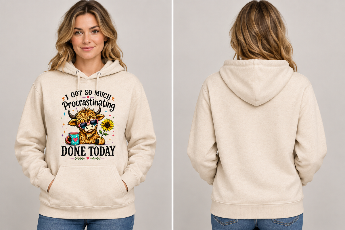 AI-generated side-by-side model mockup showing the beige Highland Cow hoodie's printed front and plain back.