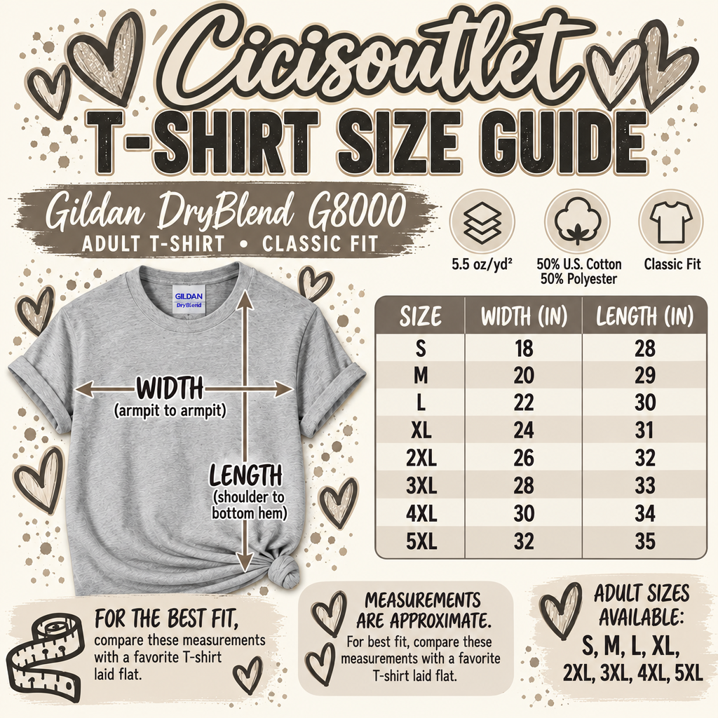 Neutral Gildan DryBlend 8000 size guide with flat shirt width and length measurements in inches.