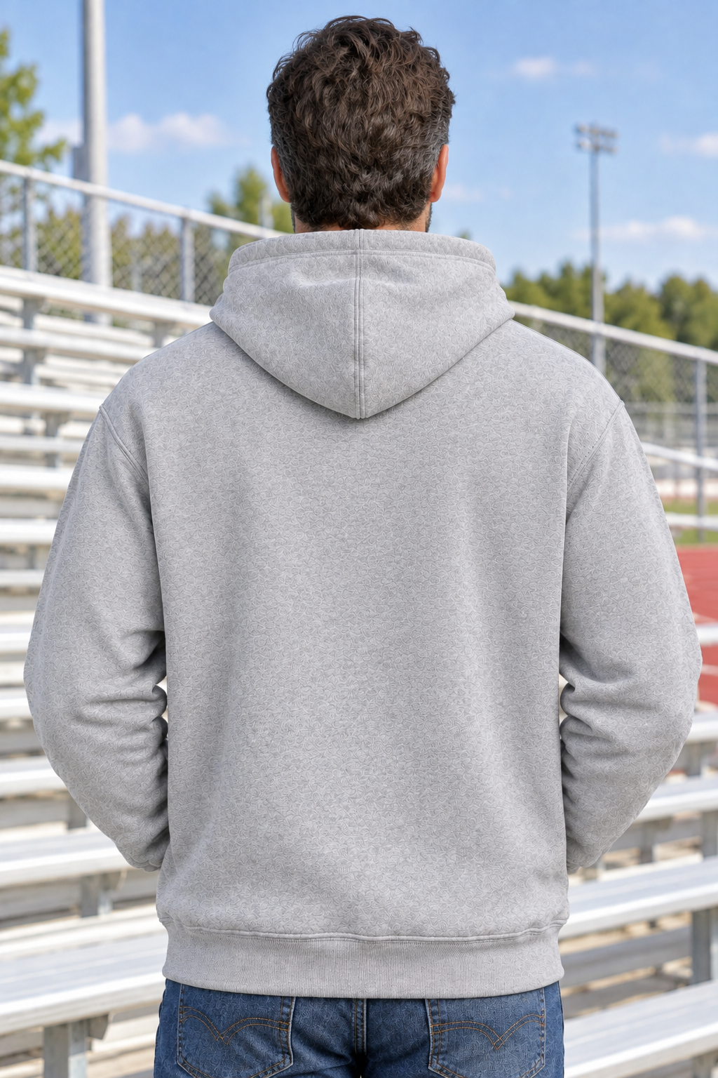 AI-generated back-view model mockup of a man wearing the gray Cheer Dad hoodie, showing its plain back.