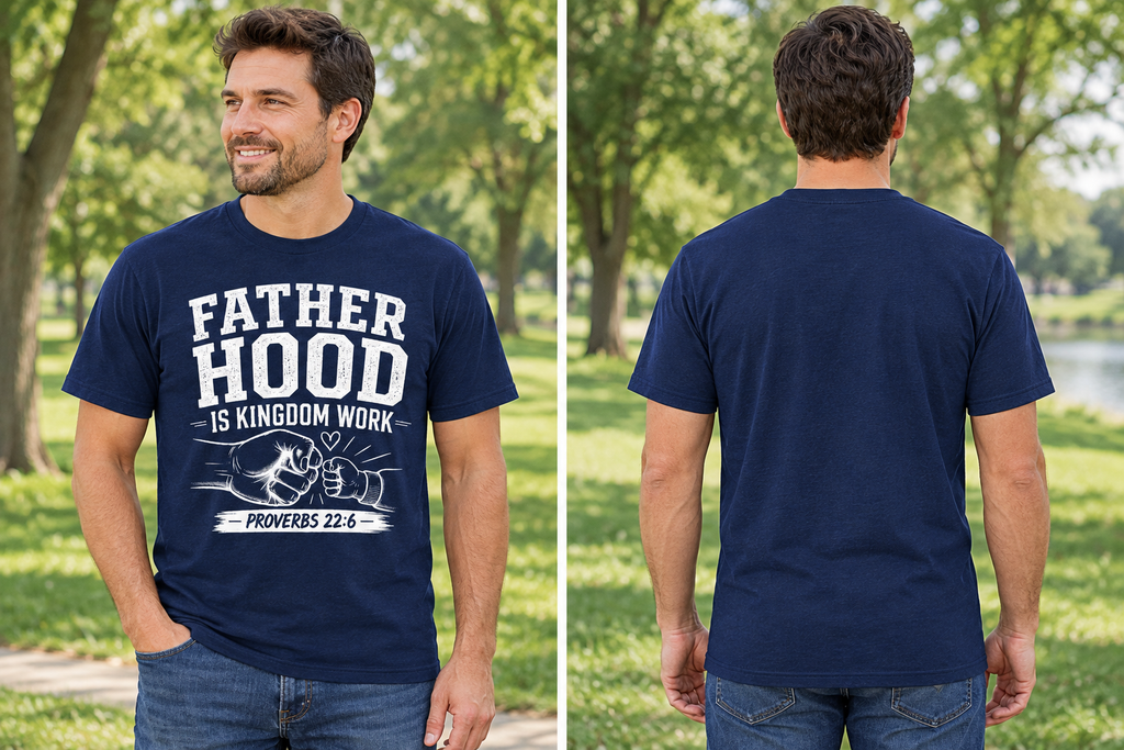AI-generated model mockup showing a blue Fatherhood Proverbs 22:6 T-shirt with its printed front and plain back.