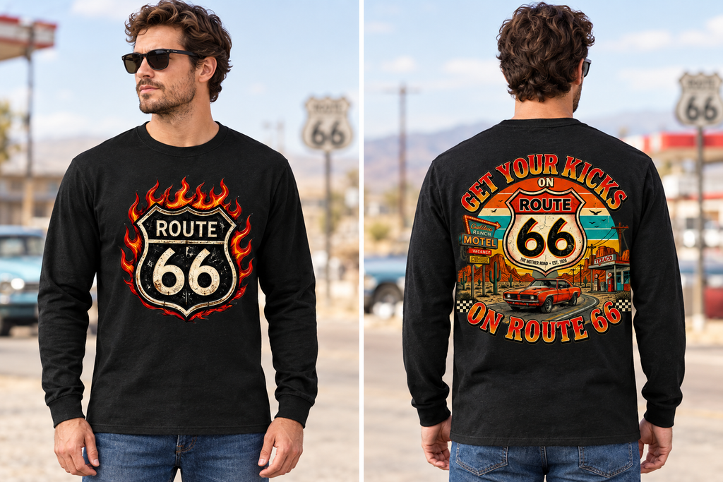 AI-generated model mockup showing front and back views of the black long-sleeve Route 66 Vintage Graphic Shirt.