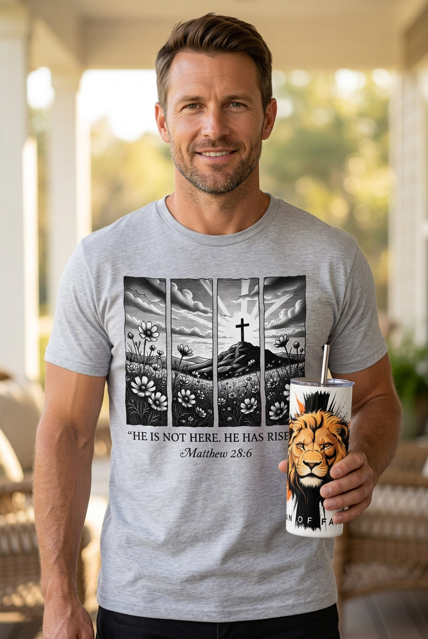 Male model wearing the He Has Risen shirt and holding the lion tumbler