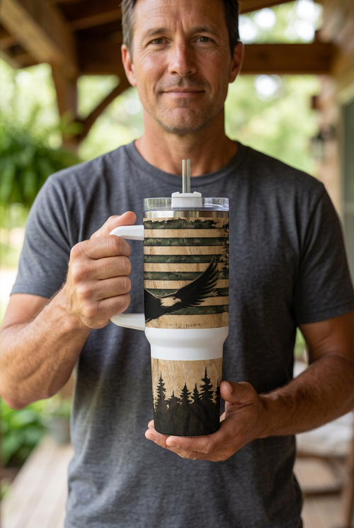 Man holding the Camo American Flag Eagle tumbler