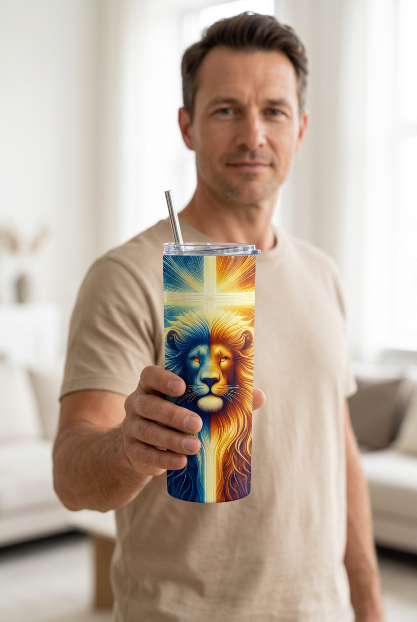 Man holding the Lion of Faith Cross tumbler