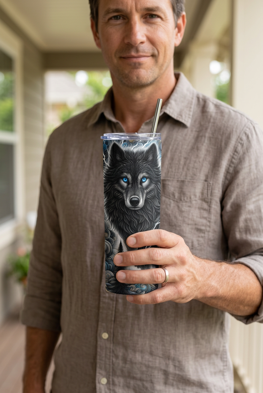 Man holding the Mystical Blue-Eyed Wolf tumbler