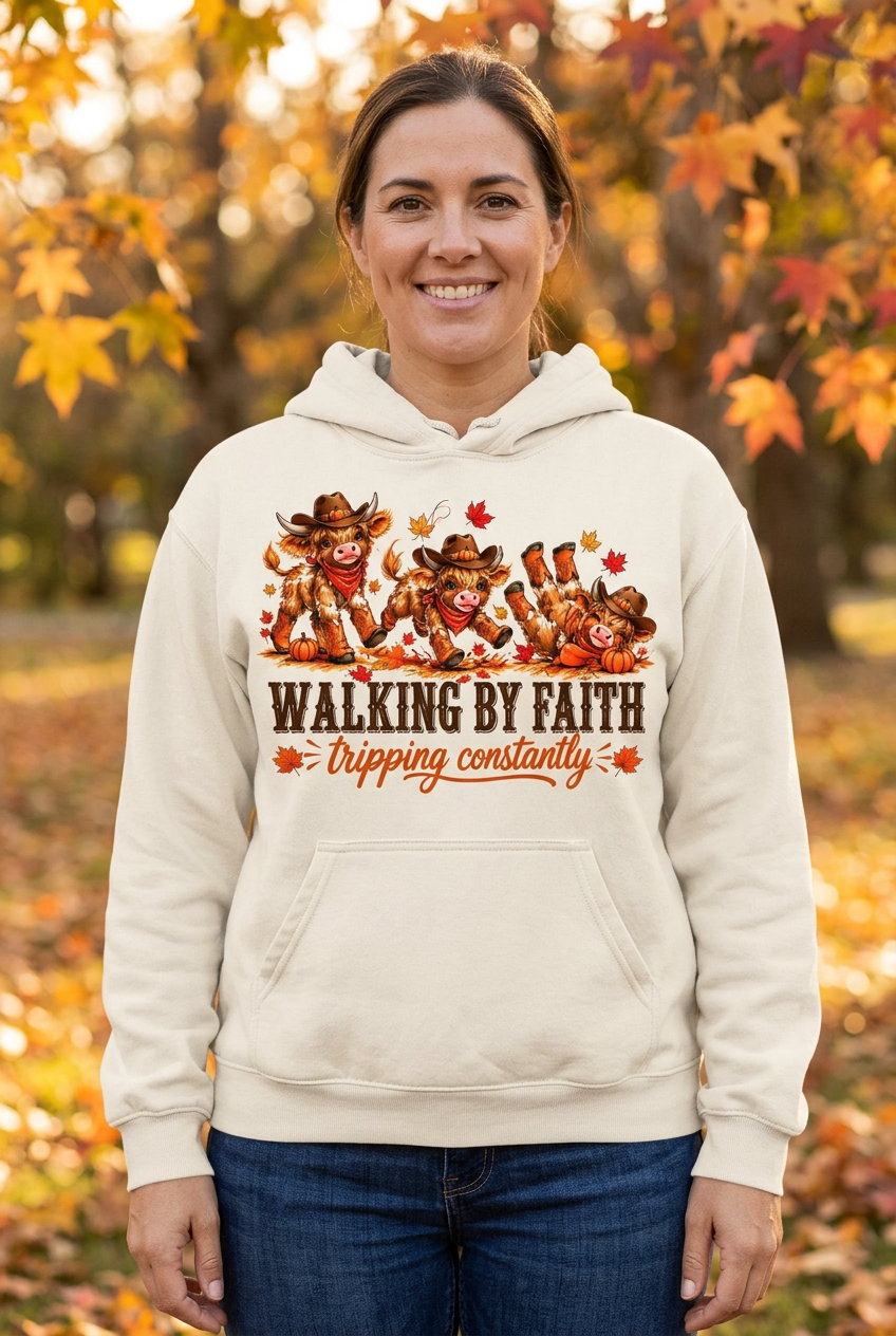 Model wearing the cream Highland cow hoodie