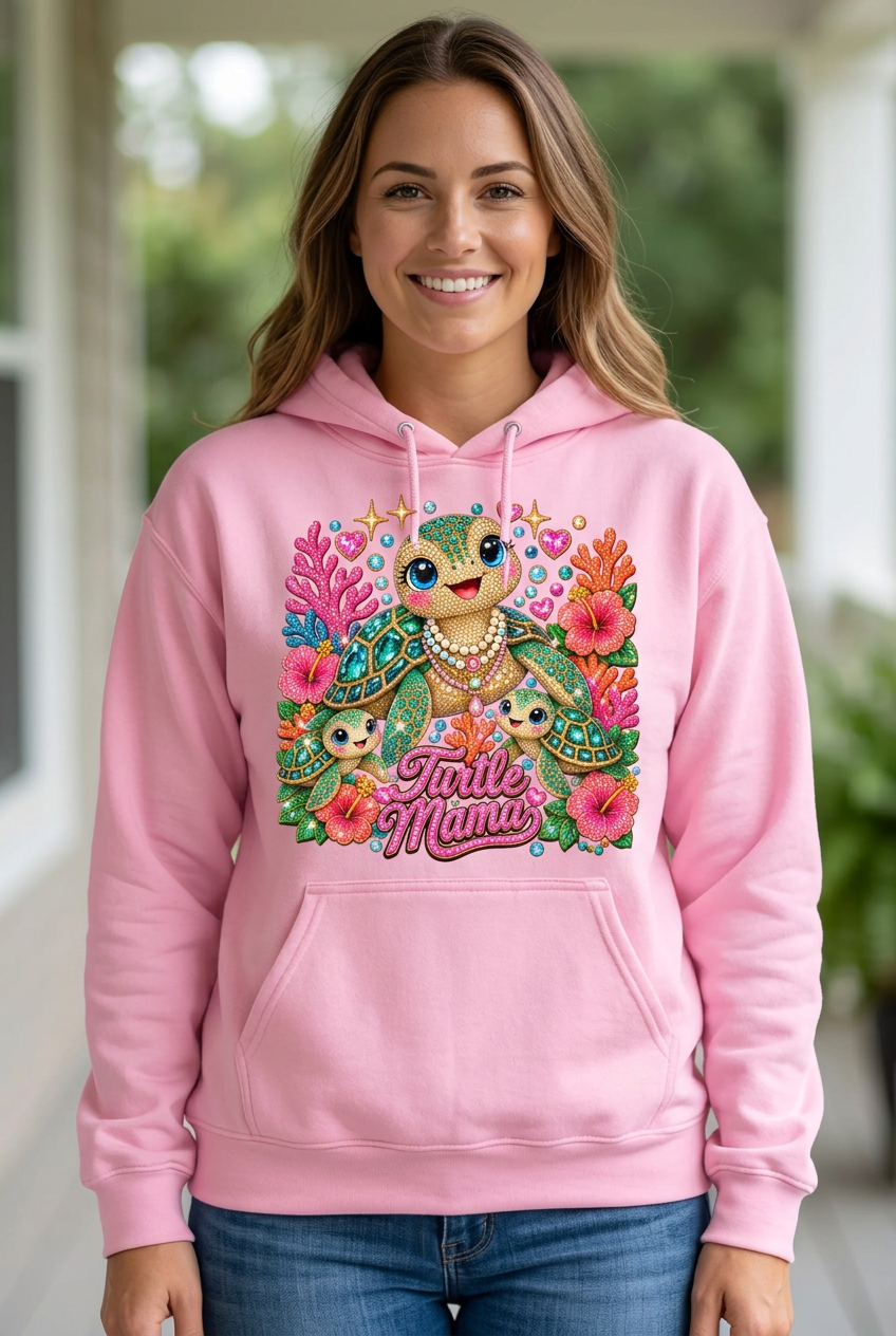 Model wearing the pink Turtle Mama hoodie