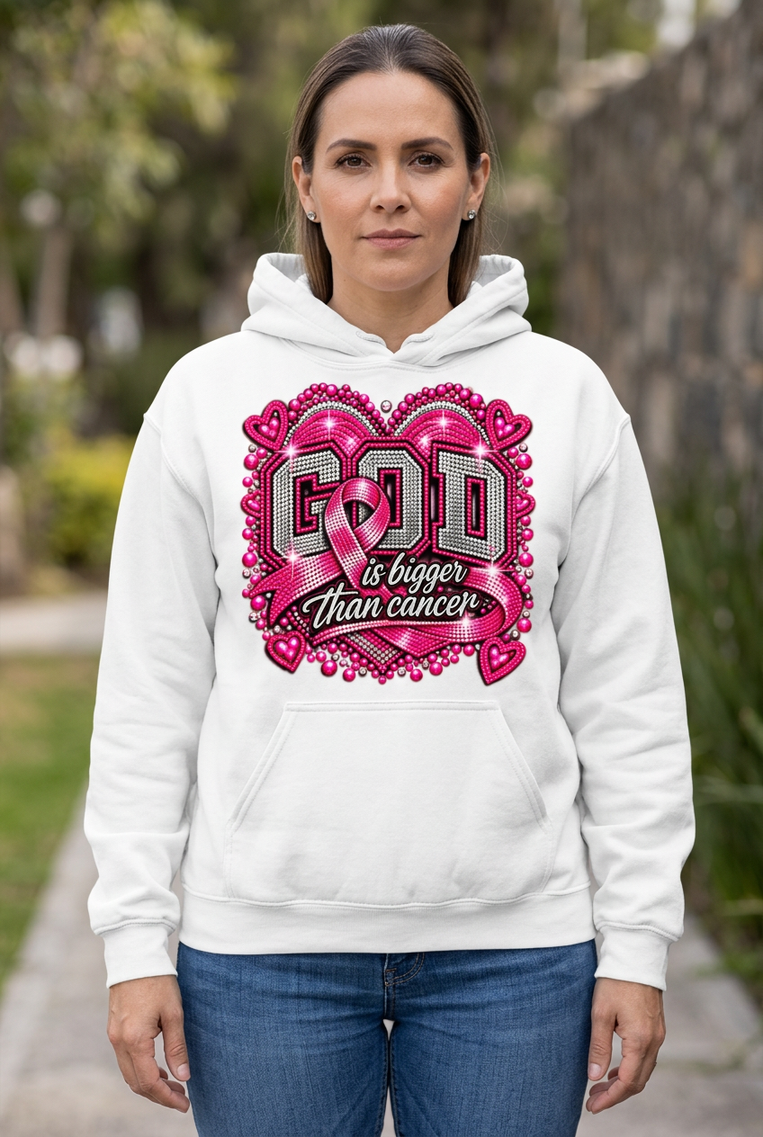 Model wearing the white GOD is bigger than cancer hoodie