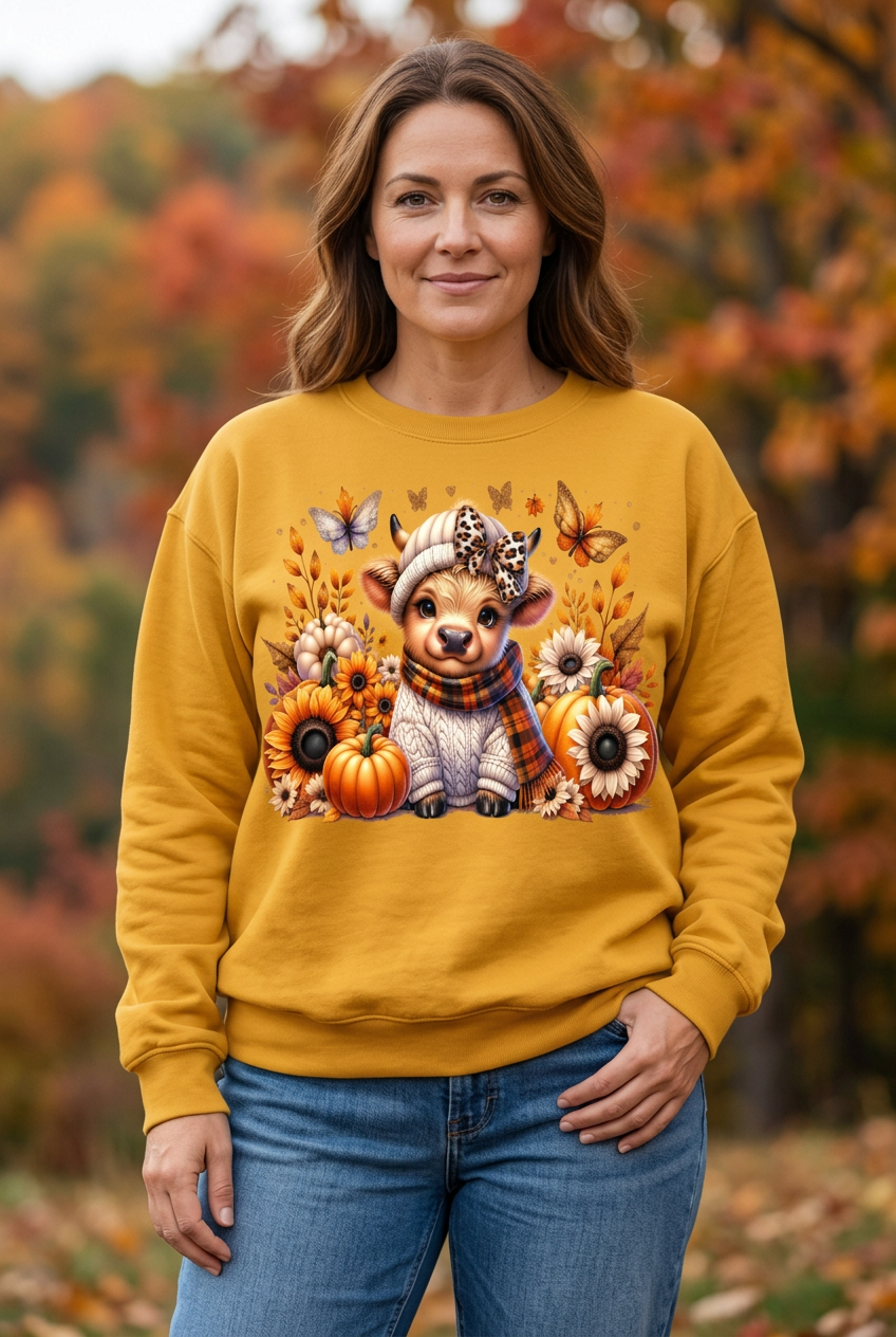 Modeled mockup of the gold Highland cow pumpkin and sunflower sweatshirt