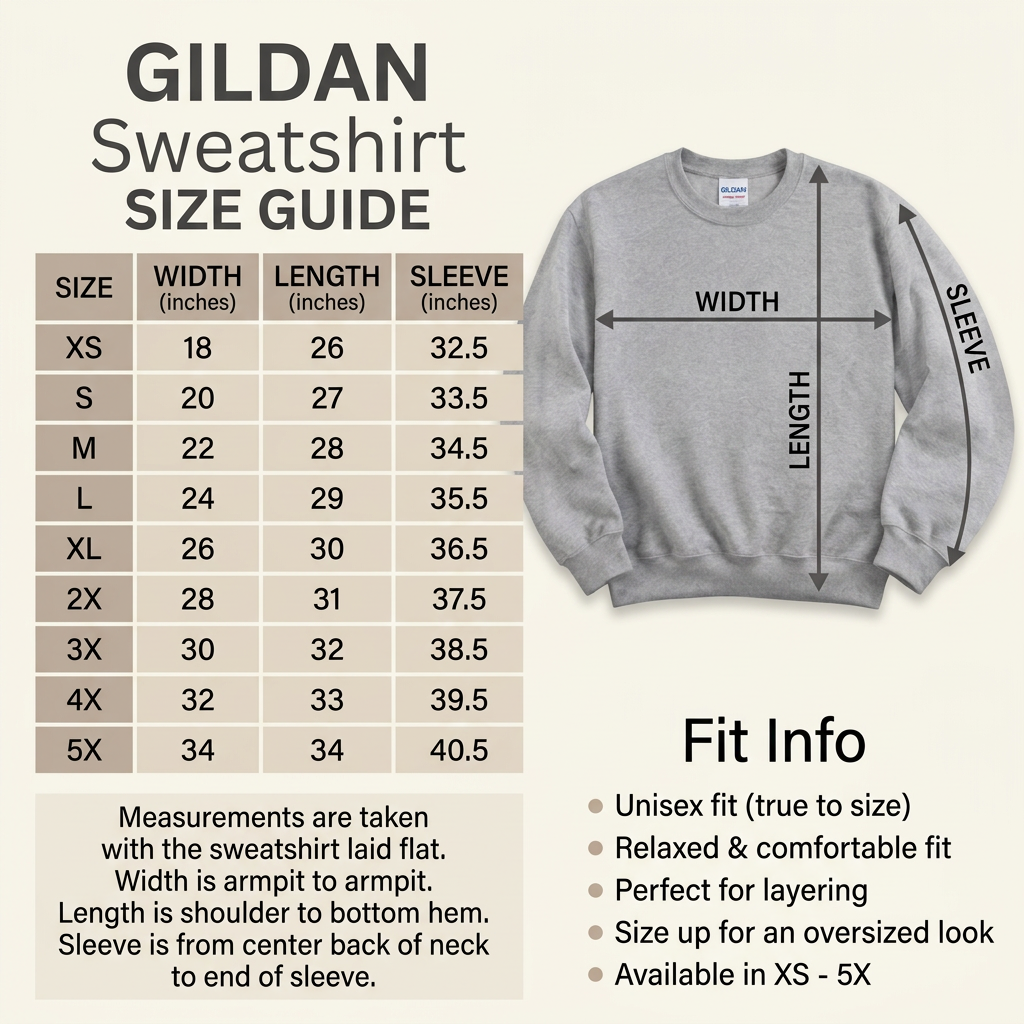 Neutral-colored Gildan sweatshirt size guide