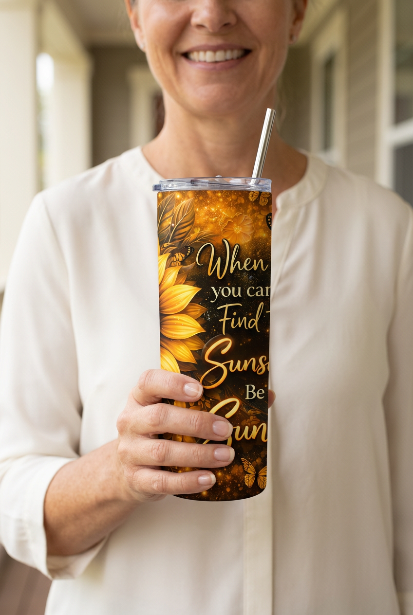 Woman holding the Be the Sunshine tumbler