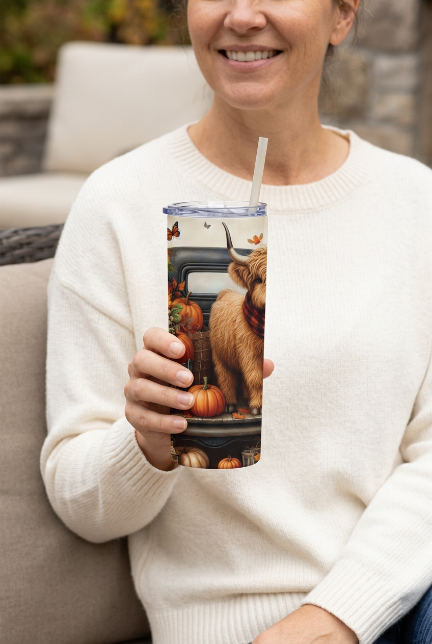 Woman holding the Fall Highland Cow and Sunflower tumbler
