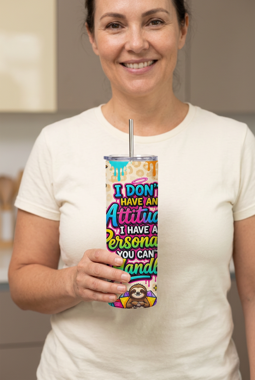 Woman holding the Funny Sloth Attitude tumbler