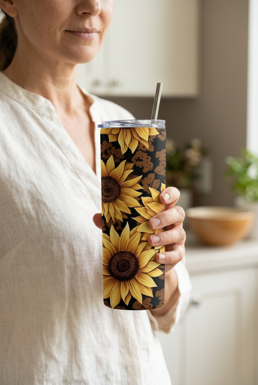 Woman holding the Golden Sunflower tumbler