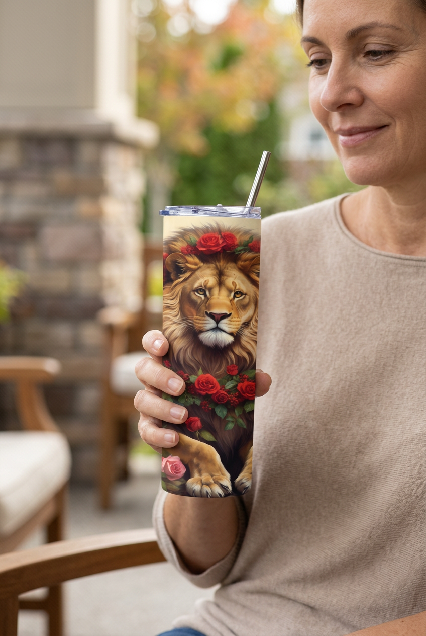 Woman holding the Lion & Roses tumbler