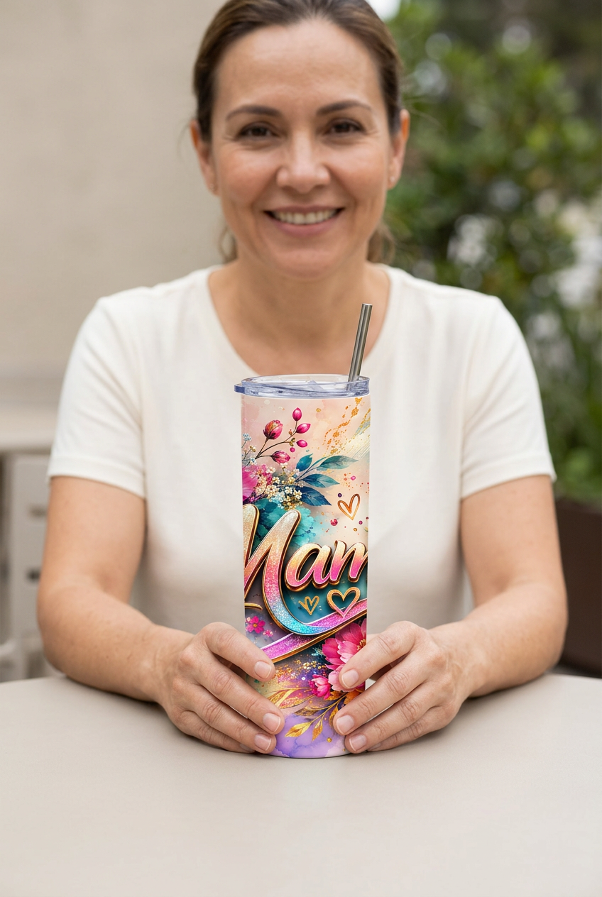 Woman holding the Mama Floral Butterfly tumbler