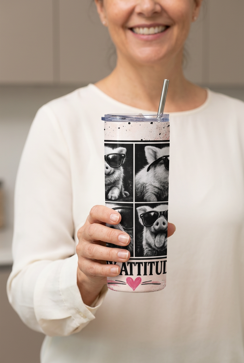 Woman holding the Piggy Attitude tumbler
