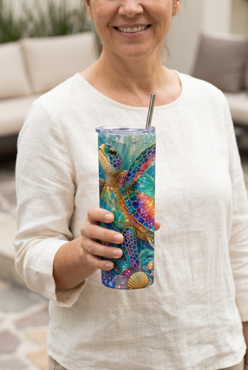 Woman holding the Stained Glass Sea Turtle tumbler