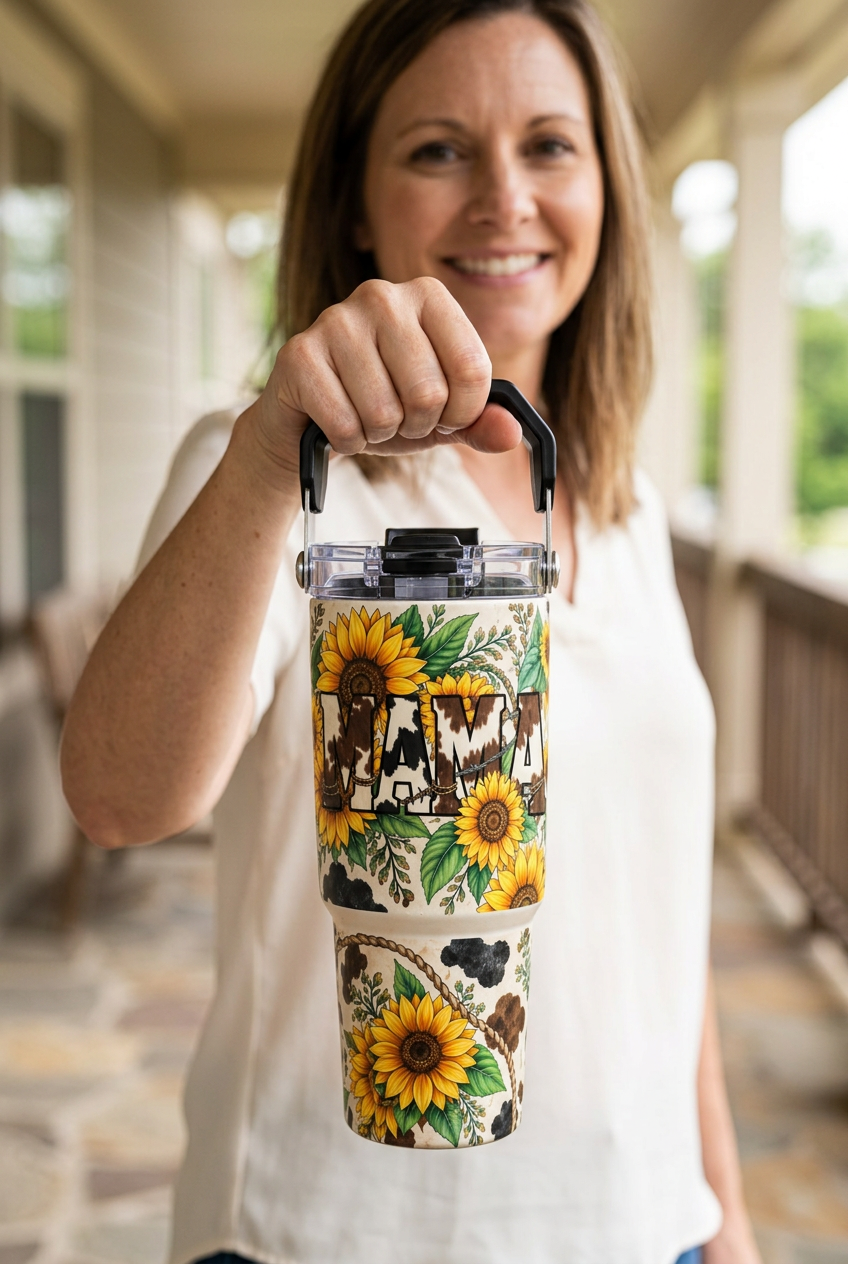Woman holding the Sunflower Mama Cow Print tumbler