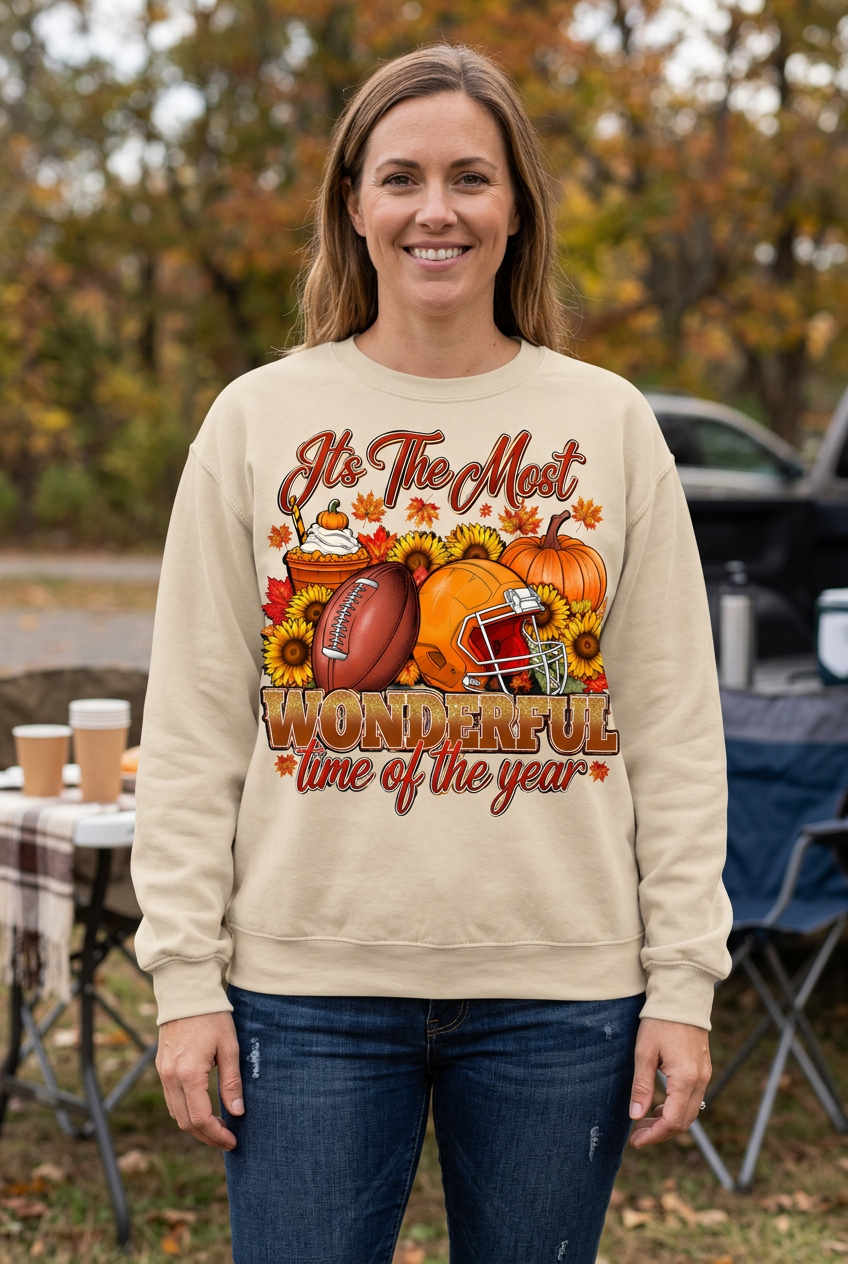 Woman wearing the beige fall football sweatshirt
